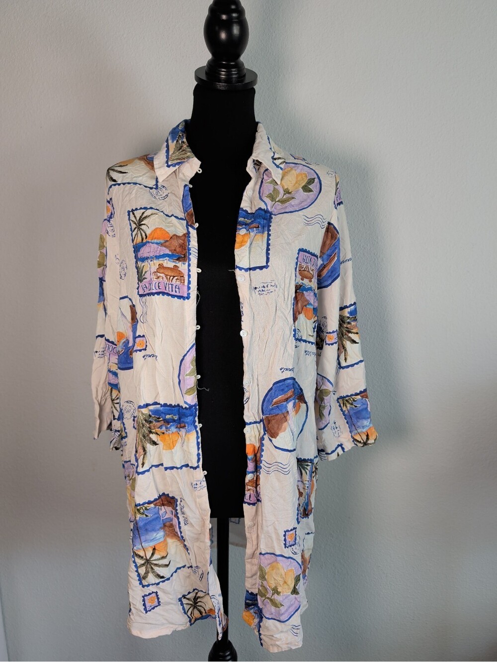 Postcard print tunic Duster Shirt. Anthro M